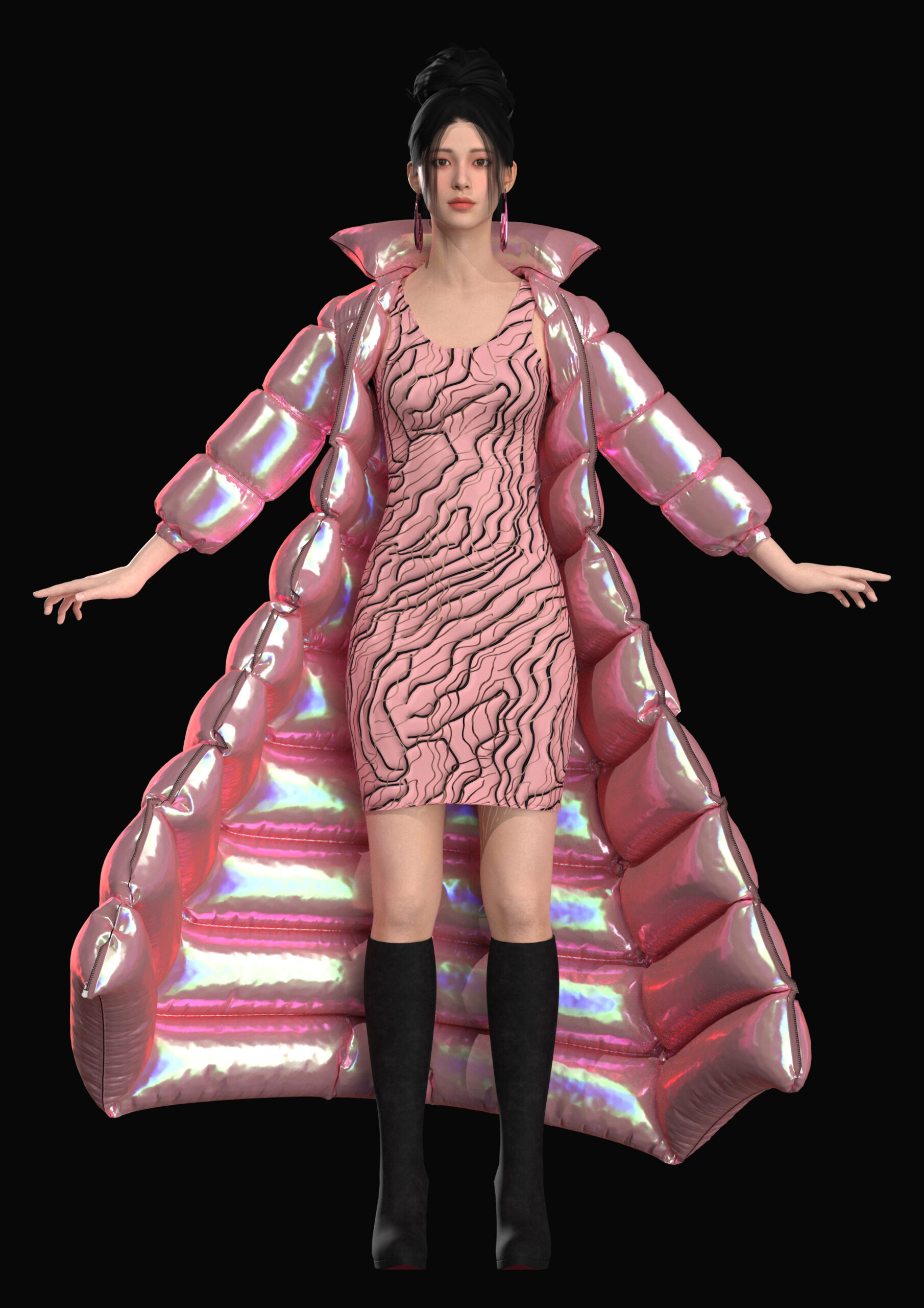 3D rendered pink puffer jacket and dress outfit created in CLO3D.