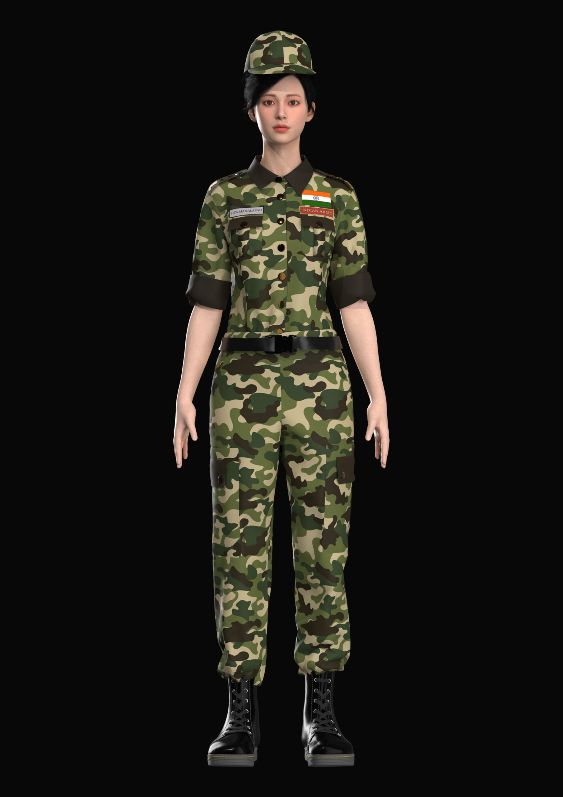 3D rendered women’s Indian Army camouflage uniform created in CLO3D.