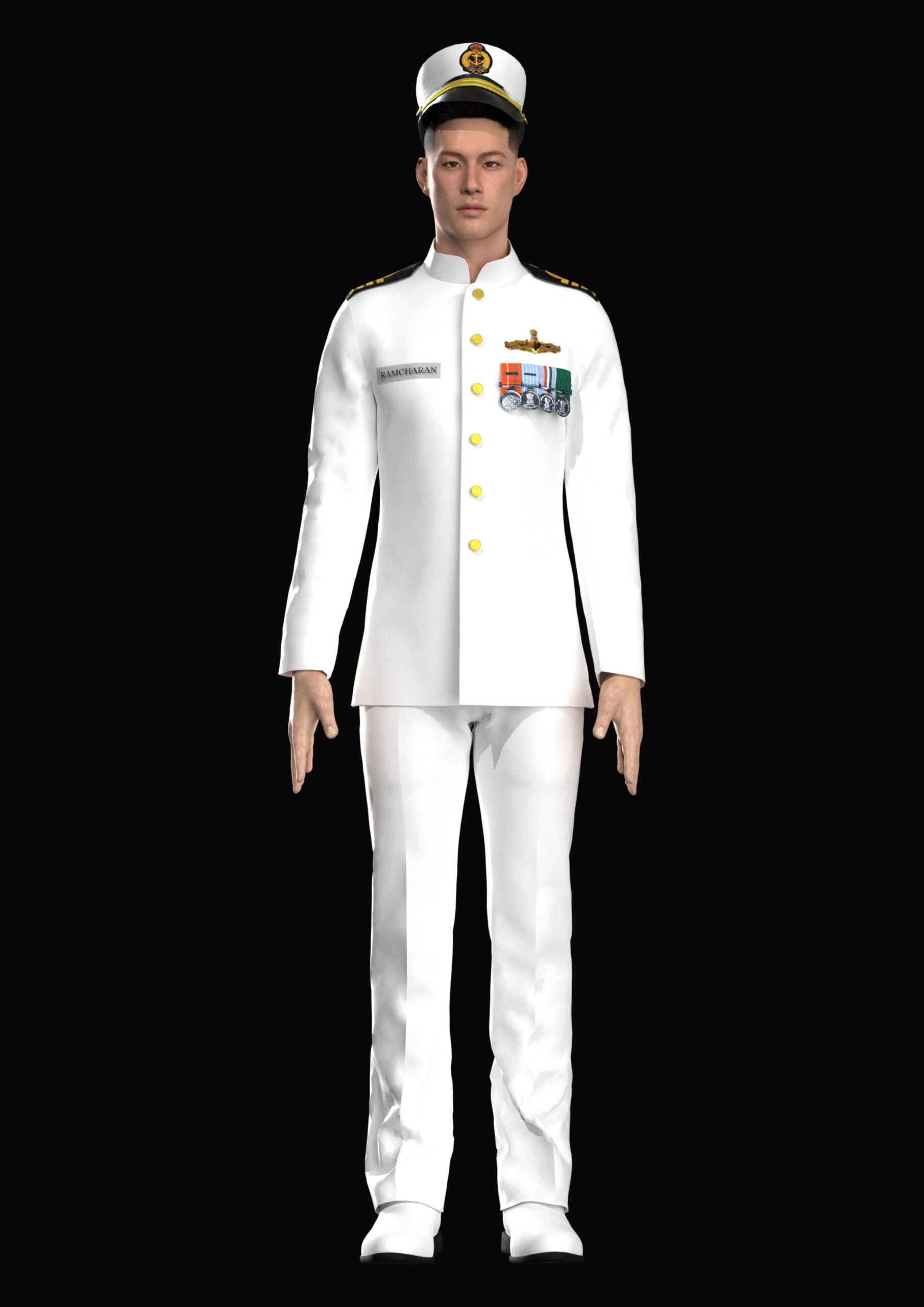 3D rendered men’s white naval officer ceremonial uniform created in CLO3D.
