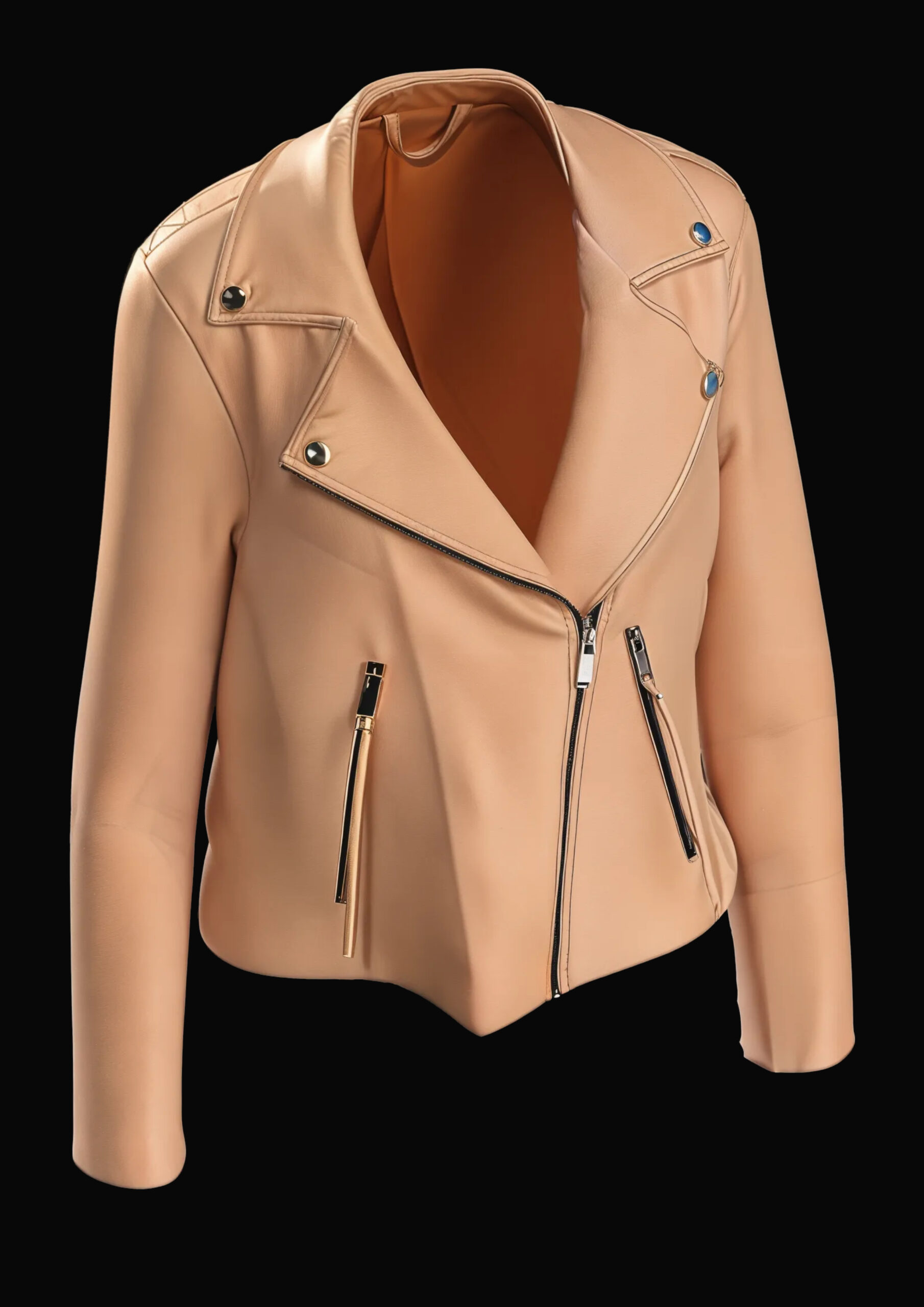 3D render of a beige leather moto jacket designed in CLO3D.