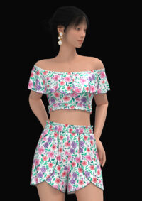 Off-shoulder floral top and shorts created in CLO3D. 3D render of a floral summer co-ord outfit made in CLO3D.