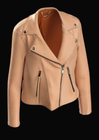 Realistic 3D jacket rendering with detailed texture in CLO3D. 3D render of a beige leather moto jacket designed in CLO3D.
